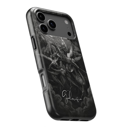 Side angle product render of The Fall of the Rebel Angels by Gustave Doré printed on a premium tough iPhone case by Galerifia.