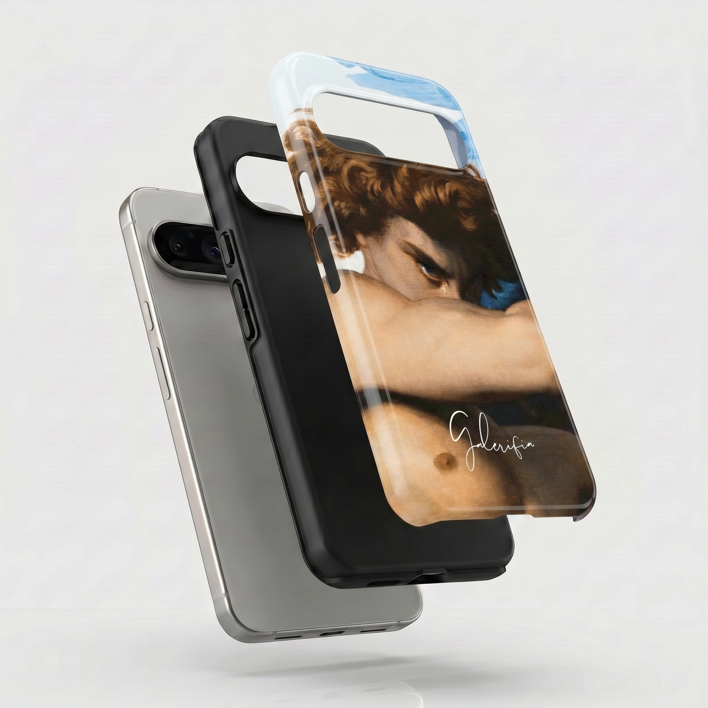 Exploded view of tough Google Pixel case featuring The Fallen Angel by Alexandre Cabanel artwork