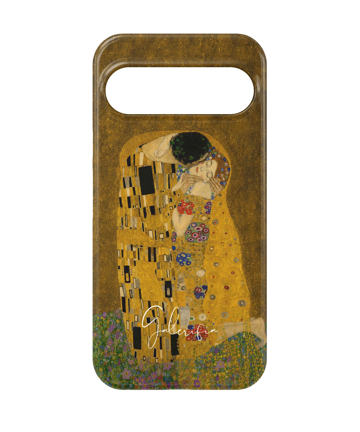 Close-up camera cutout view of The Kiss by Gustav Klimt Google Pixel phone case