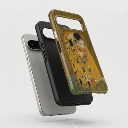 Exploded view of tough Google Pixel case featuring The Kiss by Gustav Klimt artwork