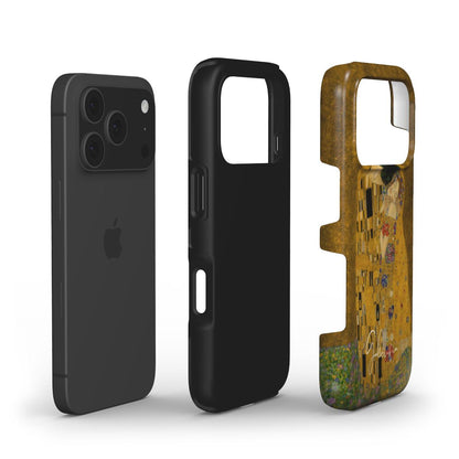 Exploded view of Galerifia tough iPhone case featuring The Kiss by Gustav Klimt with dual layer protective construction.