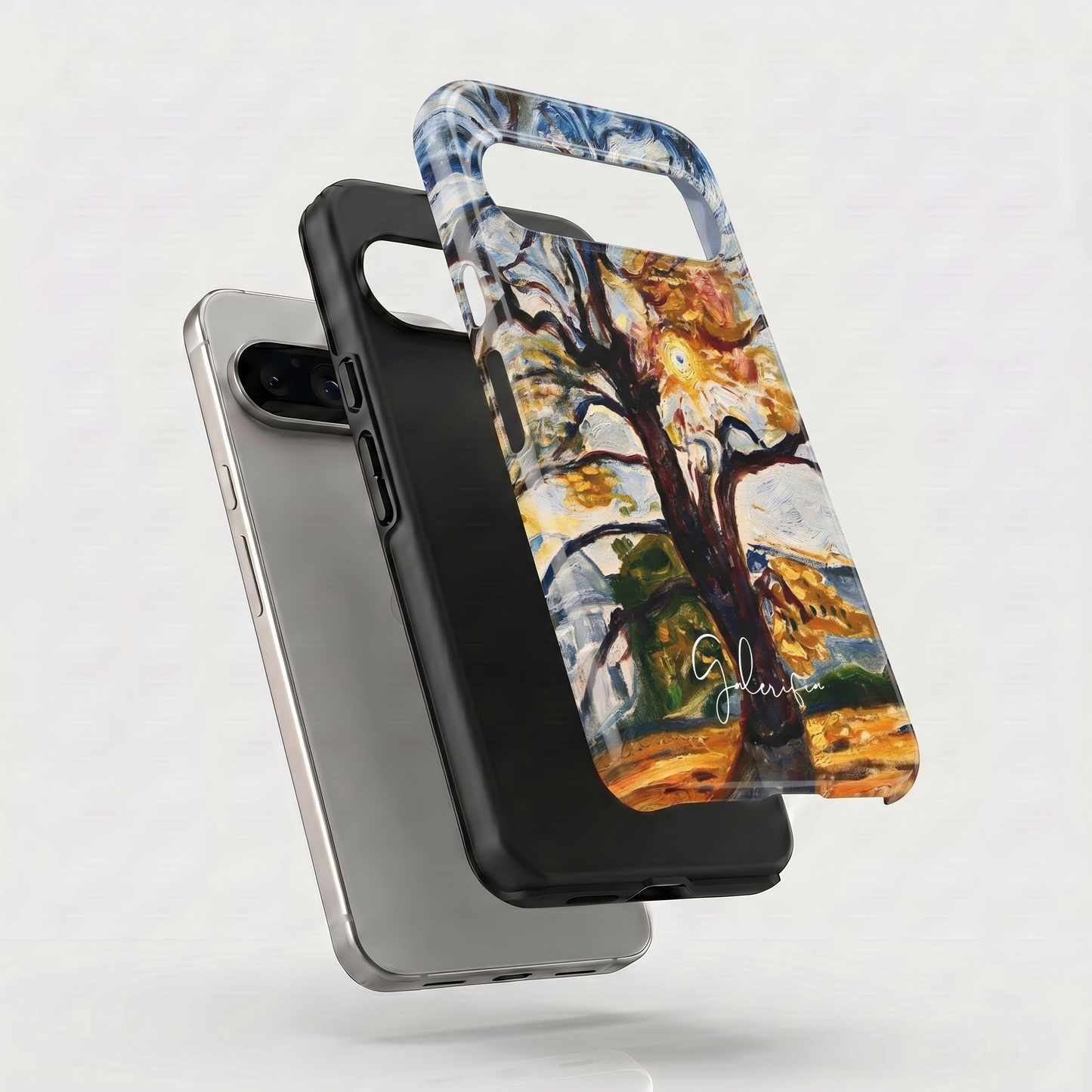 Exploded view of tough Google Pixel case featuring The Oak by Edvard Munch artwork