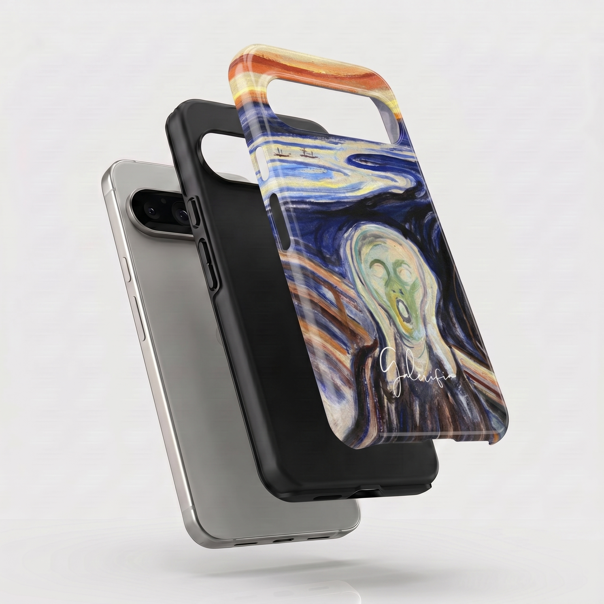 Exploded view of tough Google Pixel case featuring The Scream by Edvard Munch artwork