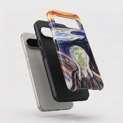 Exploded view of tough Google Pixel case featuring The Scream by Edvard Munch artwork