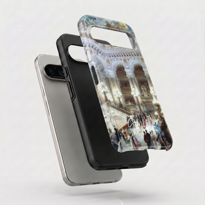 Exploded view of tough Google Pixel case featuring The Staircase of the Opera by Louis Béroud artwork