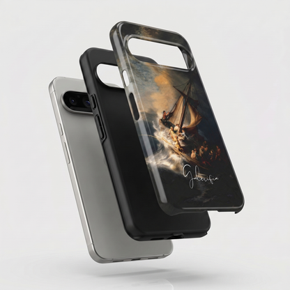 Exploded view of tough Google Pixel case featuring The Storm on the Sea of Galilee by Rembrandt van Rijn artwork