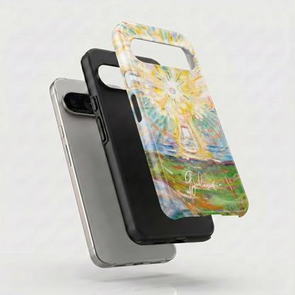 Exploded view of tough Google Pixel case featuring The Sun by Edvard Munch artwork