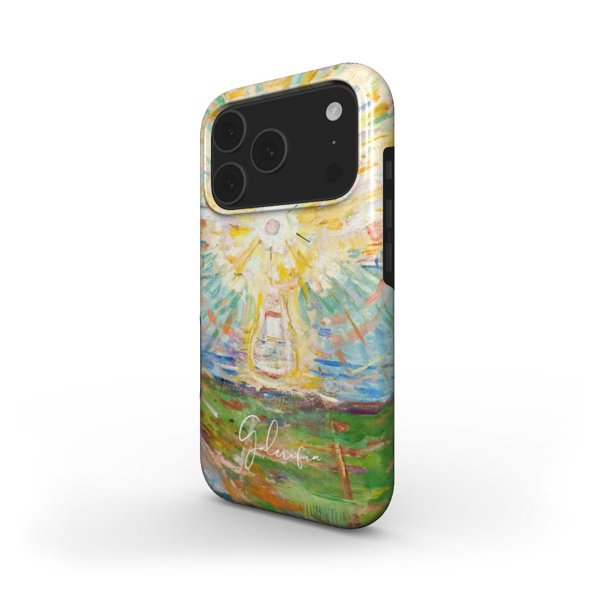 Side profile showing The Sun by Edvard Munch iPhone case with raised edge protection