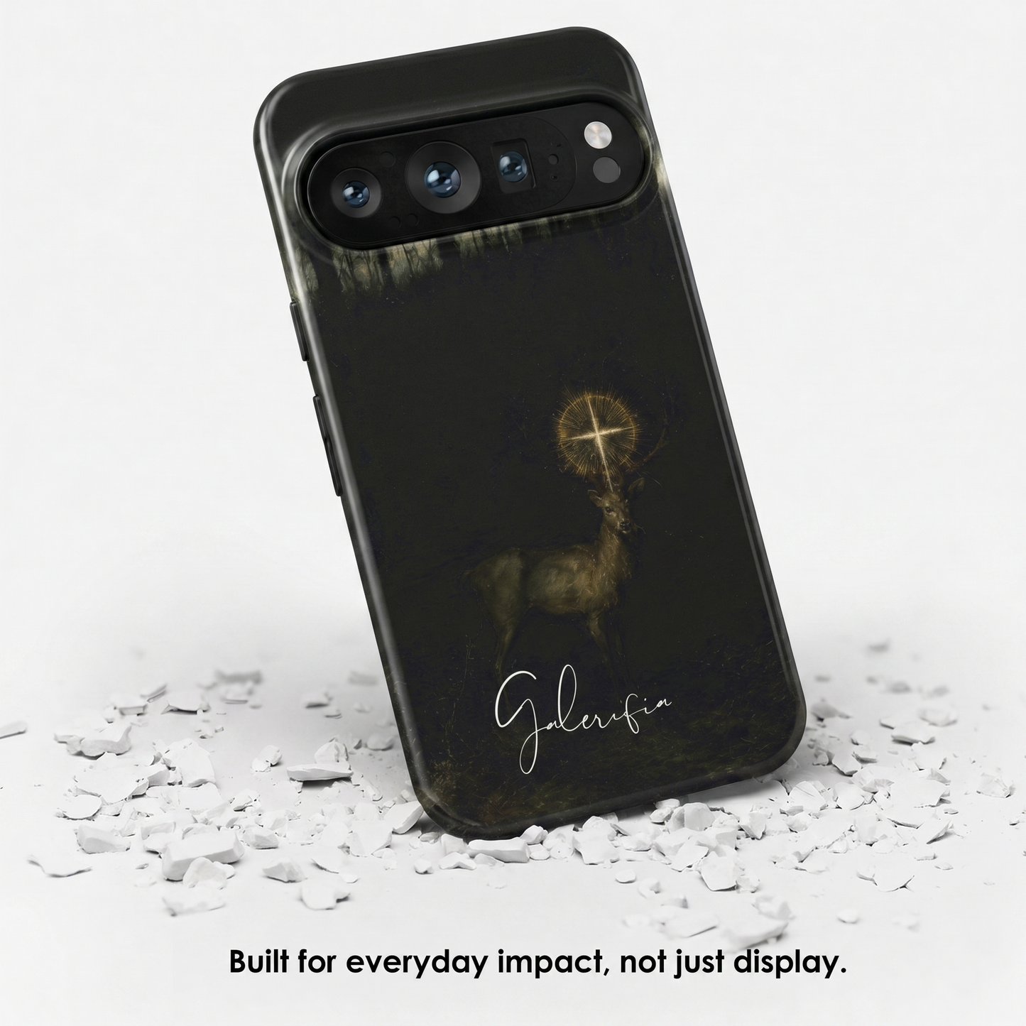Angled view of The Vision of Saint Hubert inspired by Gustave Moreau tough Google Pixel case