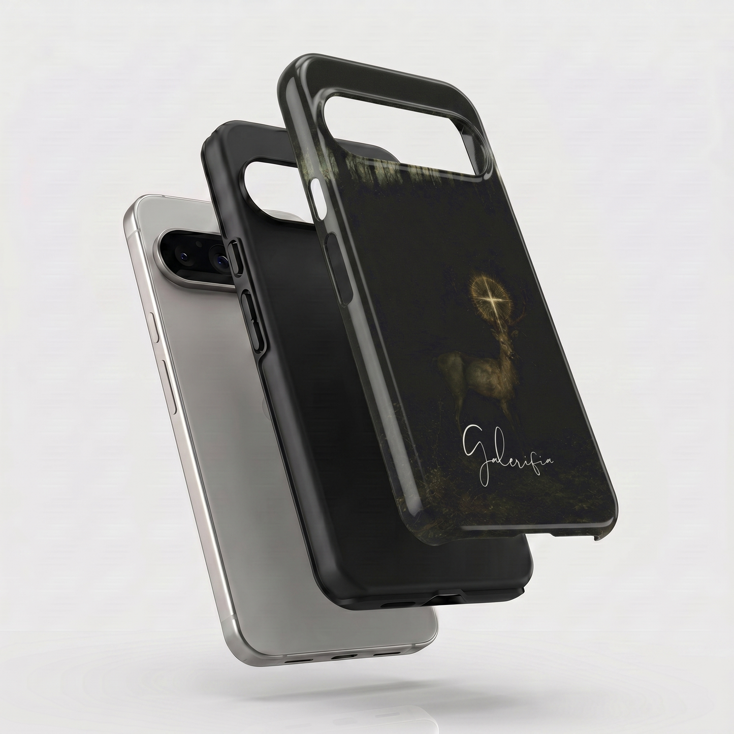 Exploded view of tough Google Pixel case featuring The Vision of Saint Hubert inspired by Gustave Moreau artwork
