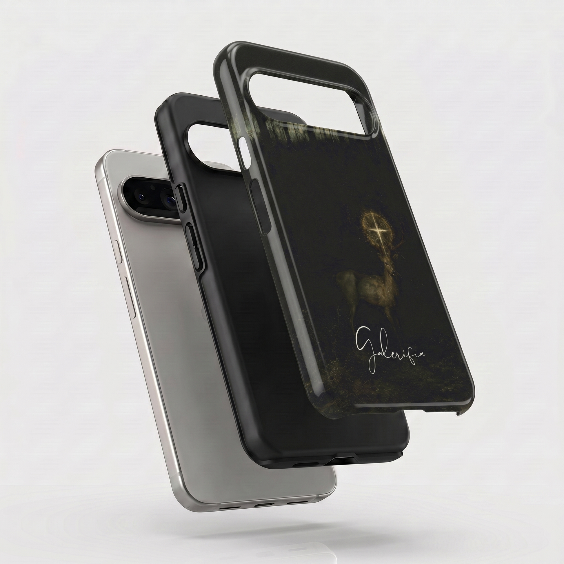 Exploded view of tough Google Pixel case featuring The Vision of Saint Hubert inspired by Gustave Moreau artwork