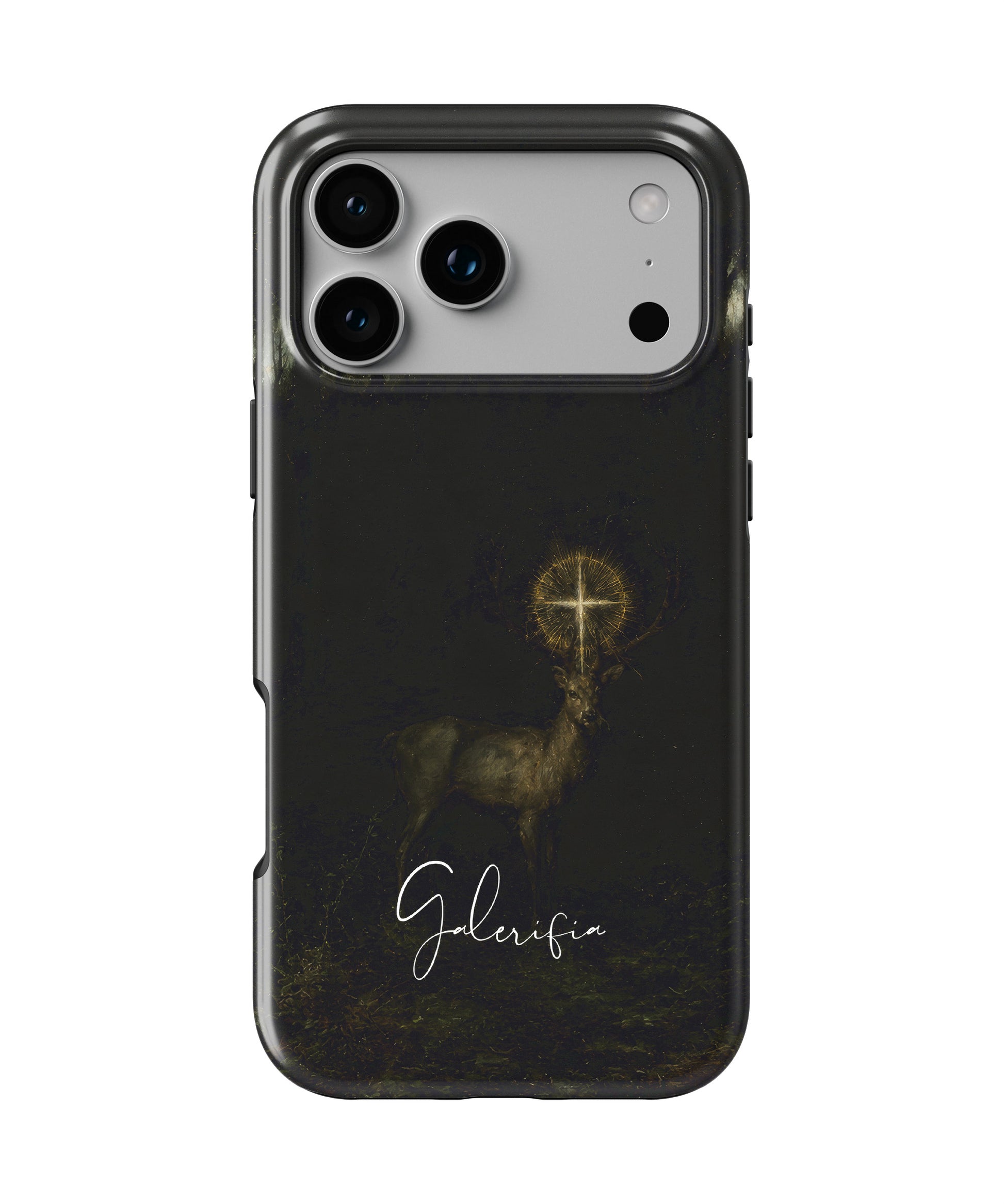 Front view of The Vision of Saint Hubert inspired by Gustave Moreau fine art iPhone case featuring mystical forest artwork by Galerifia.