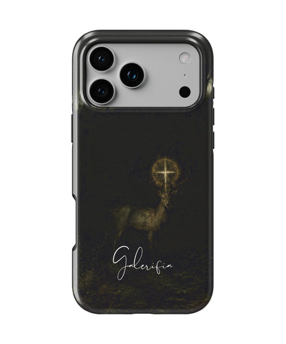 Front view of The Vision of Saint Hubert inspired by Gustave Moreau fine art iPhone case featuring mystical forest artwork by Galerifia.