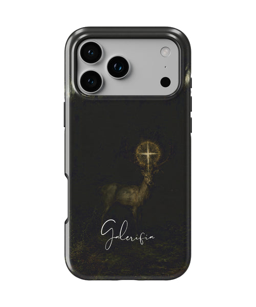 Front view of The Vision of Saint Hubert inspired by Gustave Moreau fine art iPhone case featuring mystical forest artwork by Galerifia.