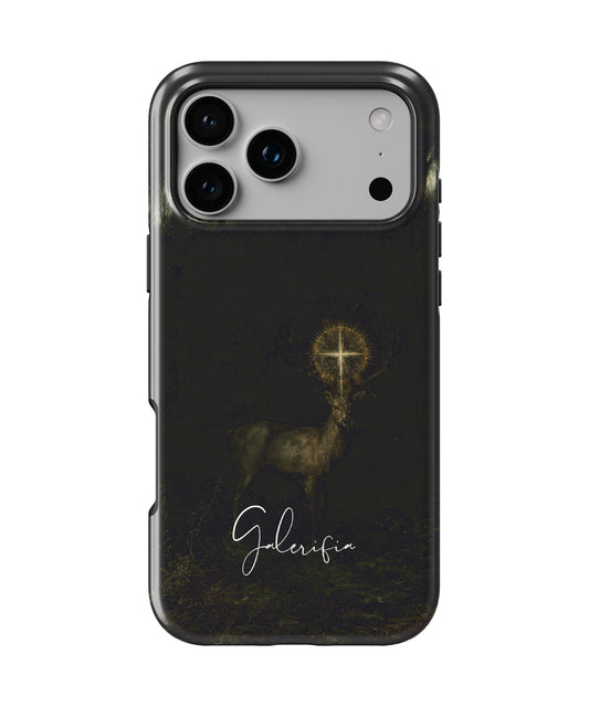 Front view of The Vision of Saint Hubert inspired by Gustave Moreau fine art iPhone case featuring mystical forest artwork by Galerifia.