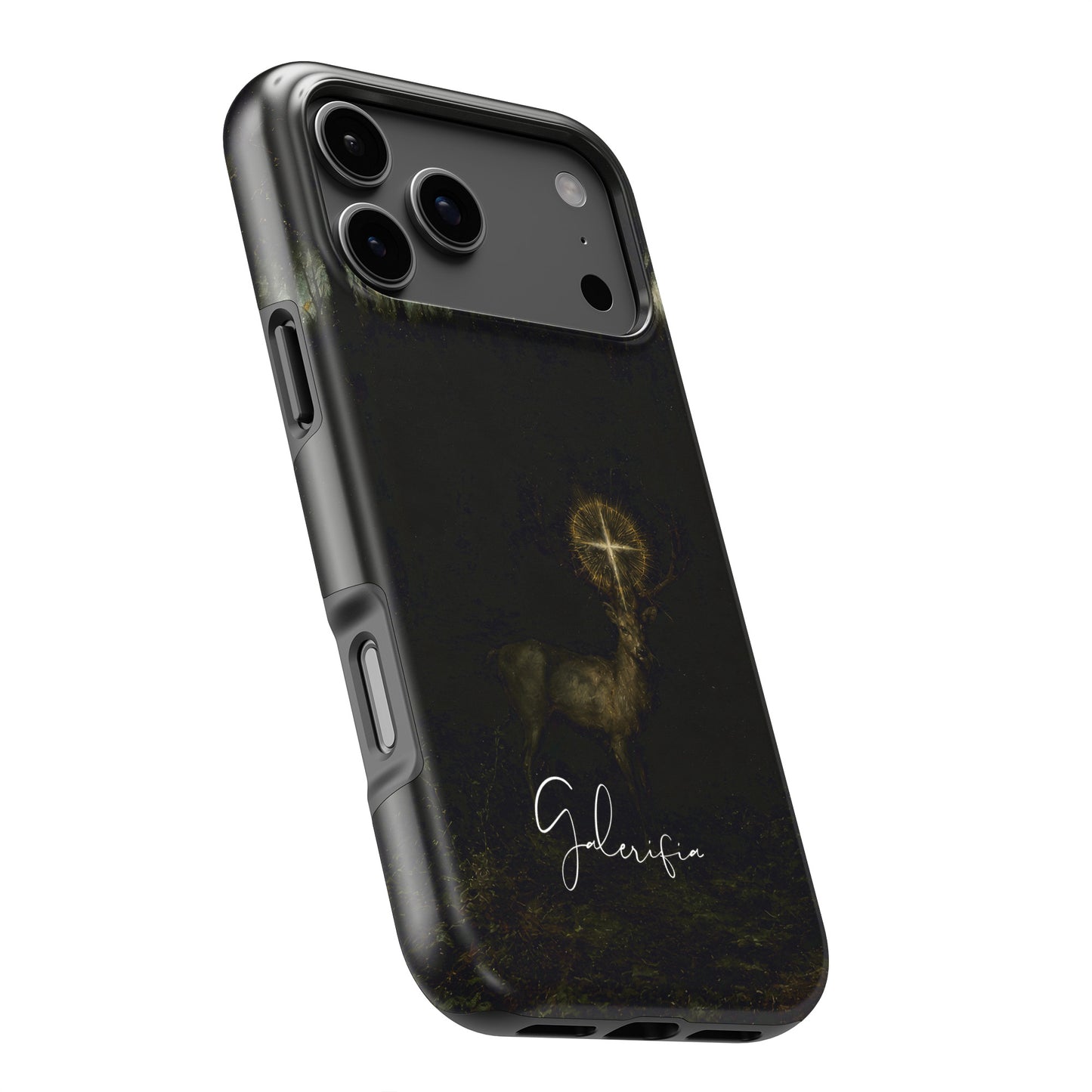 Side angle product render of The Vision of Saint Hubert inspired by Gustave Moreau printed on a premium tough iPhone case by Galerifia.