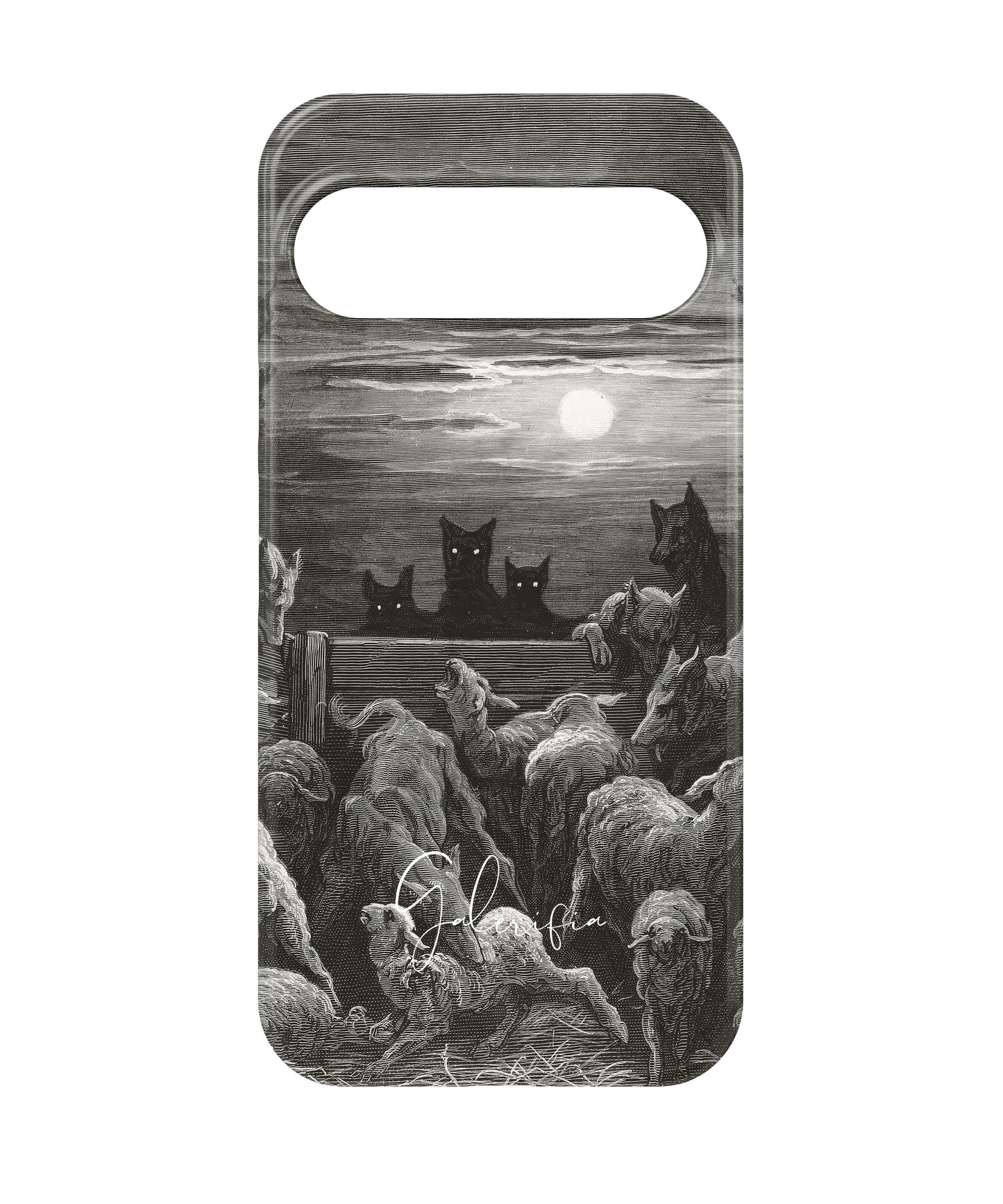 Close-up camera cutout view of The Wolves and The Sheep by Gustave Doré Google Pixel phone case