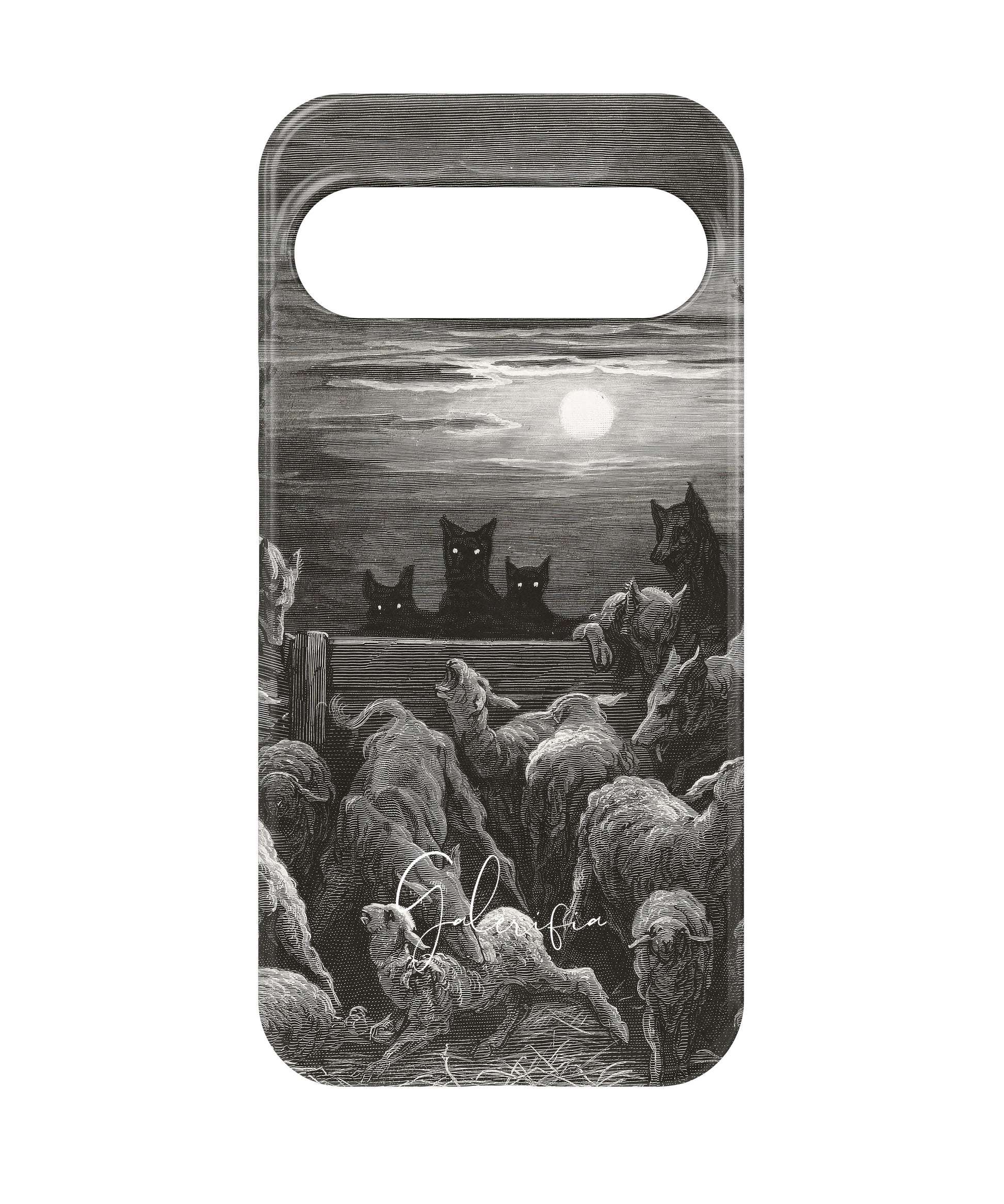 Close-up camera cutout view of The Wolves and The Sheep by Gustave Doré Google Pixel phone case