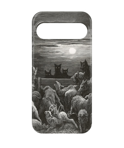 Close-up camera cutout view of The Wolves and The Sheep by Gustave Doré Google Pixel phone case