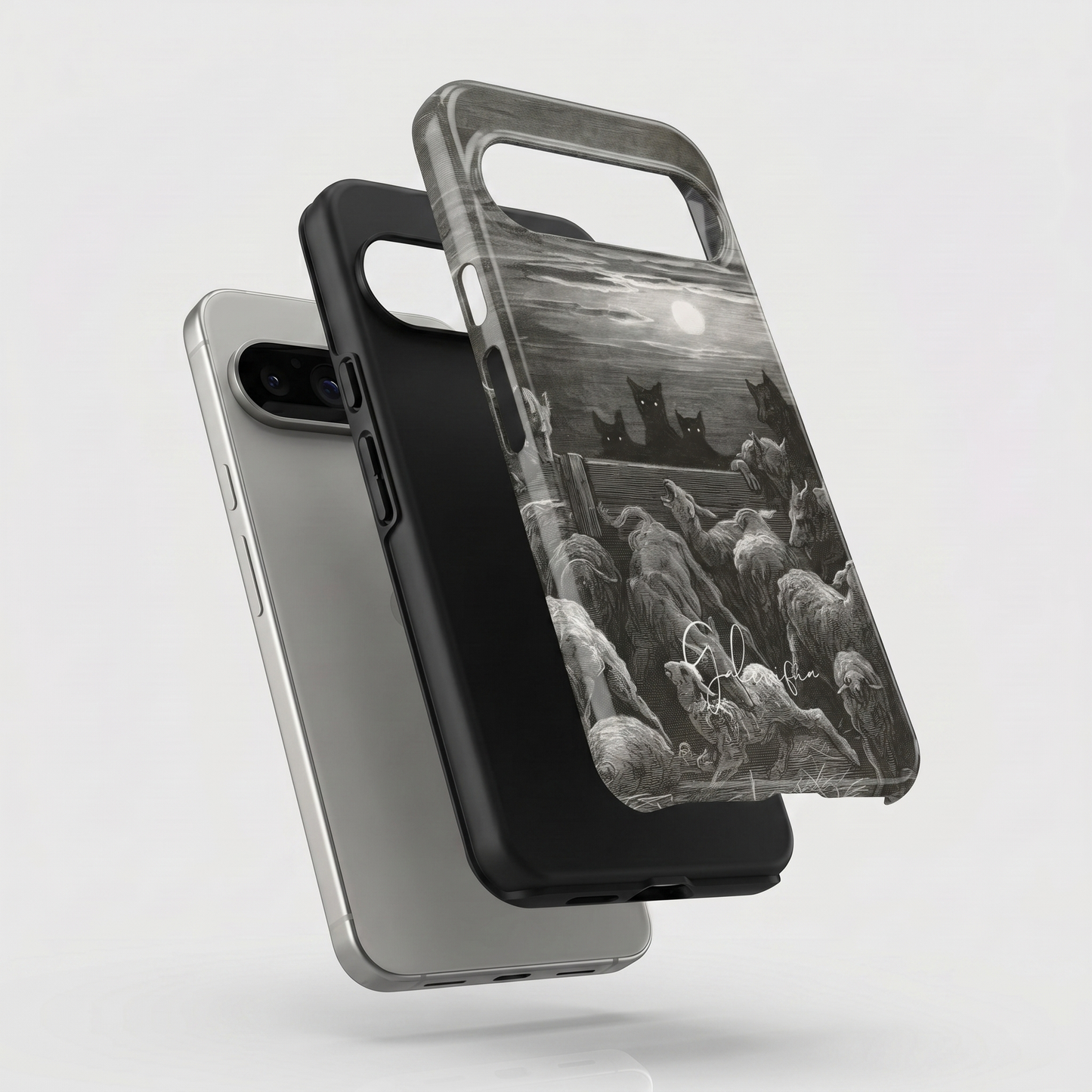 Exploded view of tough Google Pixel case featuring The Wolves and The Sheep by Gustave Doré artwork