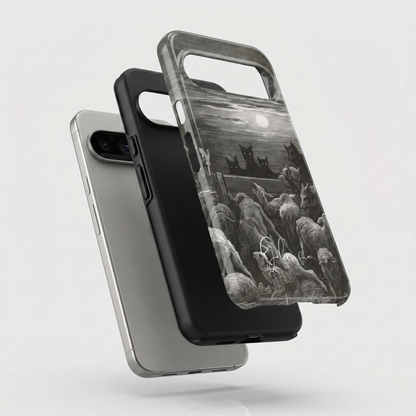 Exploded view of tough Google Pixel case featuring The Wolves and The Sheep by Gustave Doré artwork