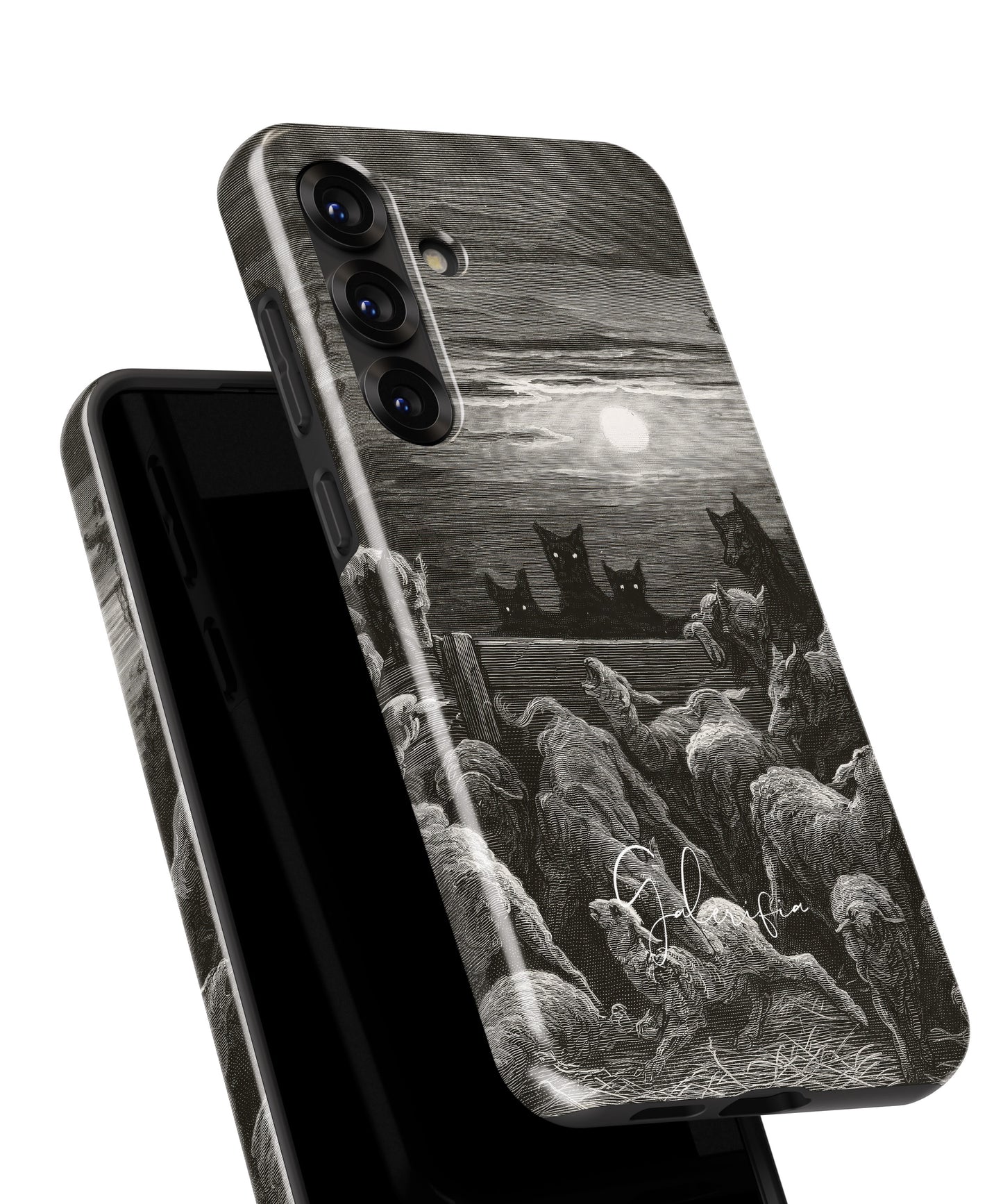 Close-up camera cutout view of The Wolves and The Sheep by Gustave Doré Samsung Galaxy phone case