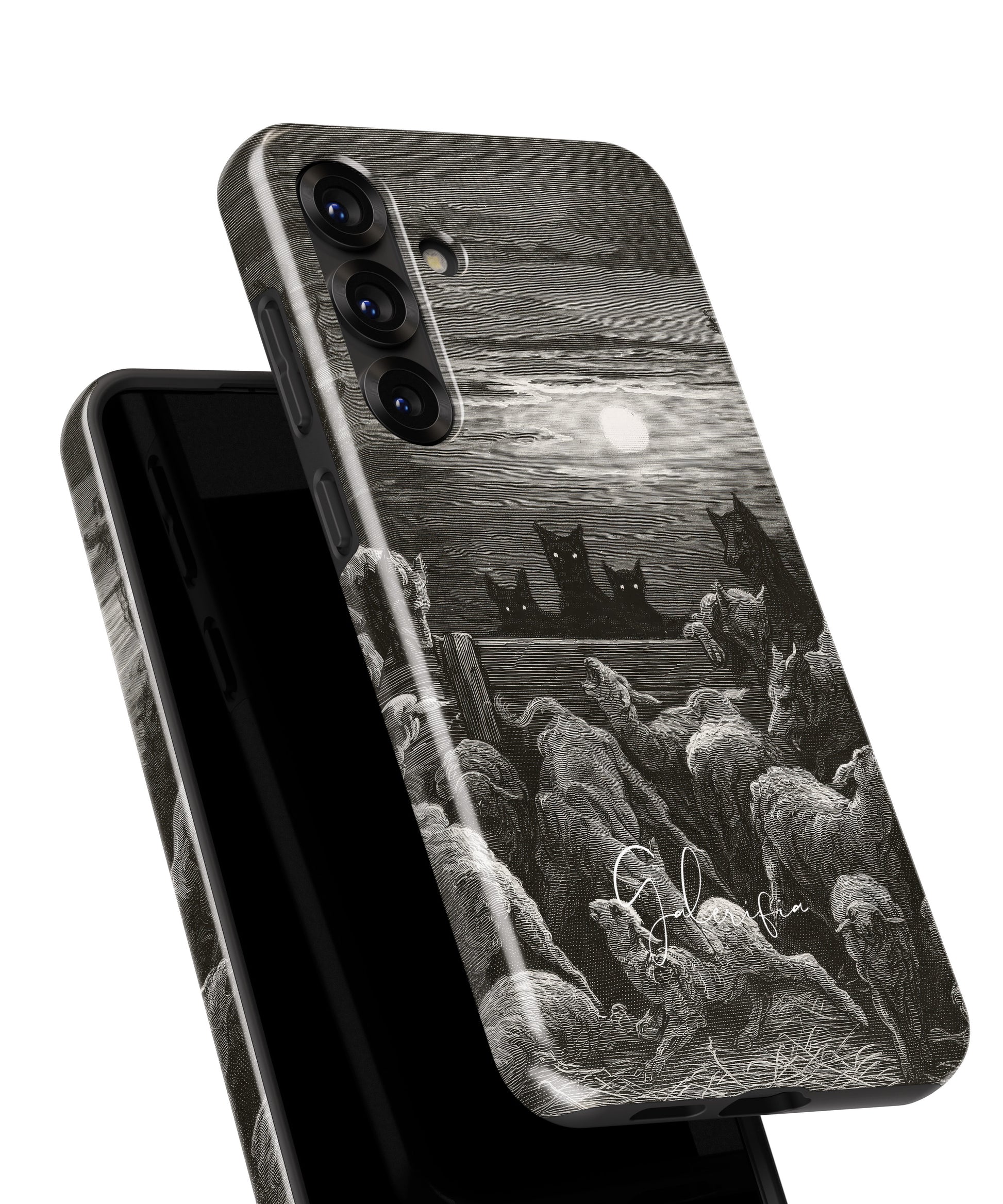 Close-up camera cutout view of The Wolves and The Sheep by Gustave Doré Samsung Galaxy phone case