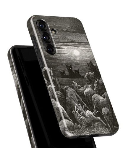 Close-up camera cutout view of The Wolves and The Sheep by Gustave Doré Samsung Galaxy phone case