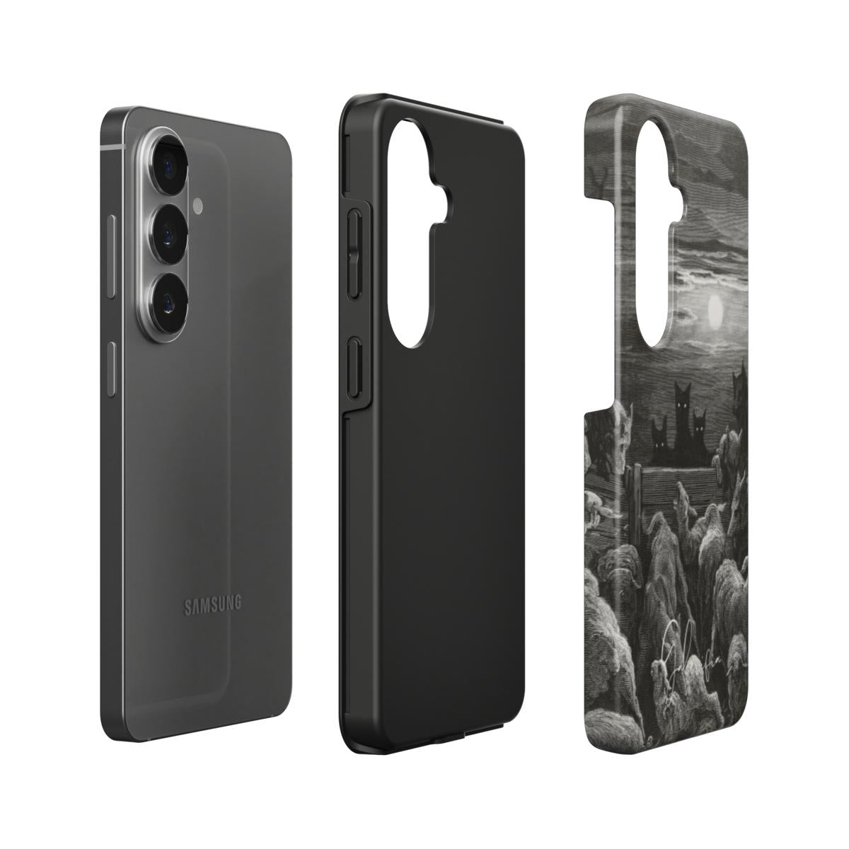 Exploded view of tough Samsung Galaxy case featuring The Wolves and The Sheep by Gustave Doré artwork