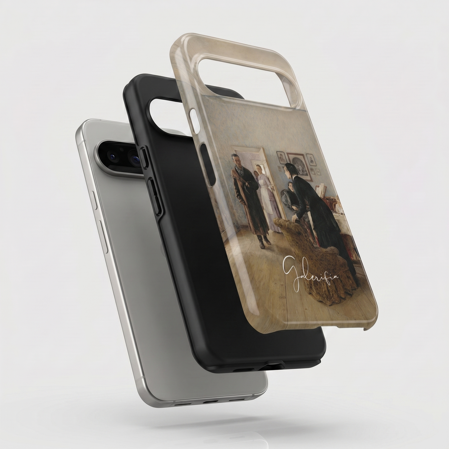 Exploded view of tough Google Pixel case featuring They Did Not Expect Him by Ilya Repin artwork