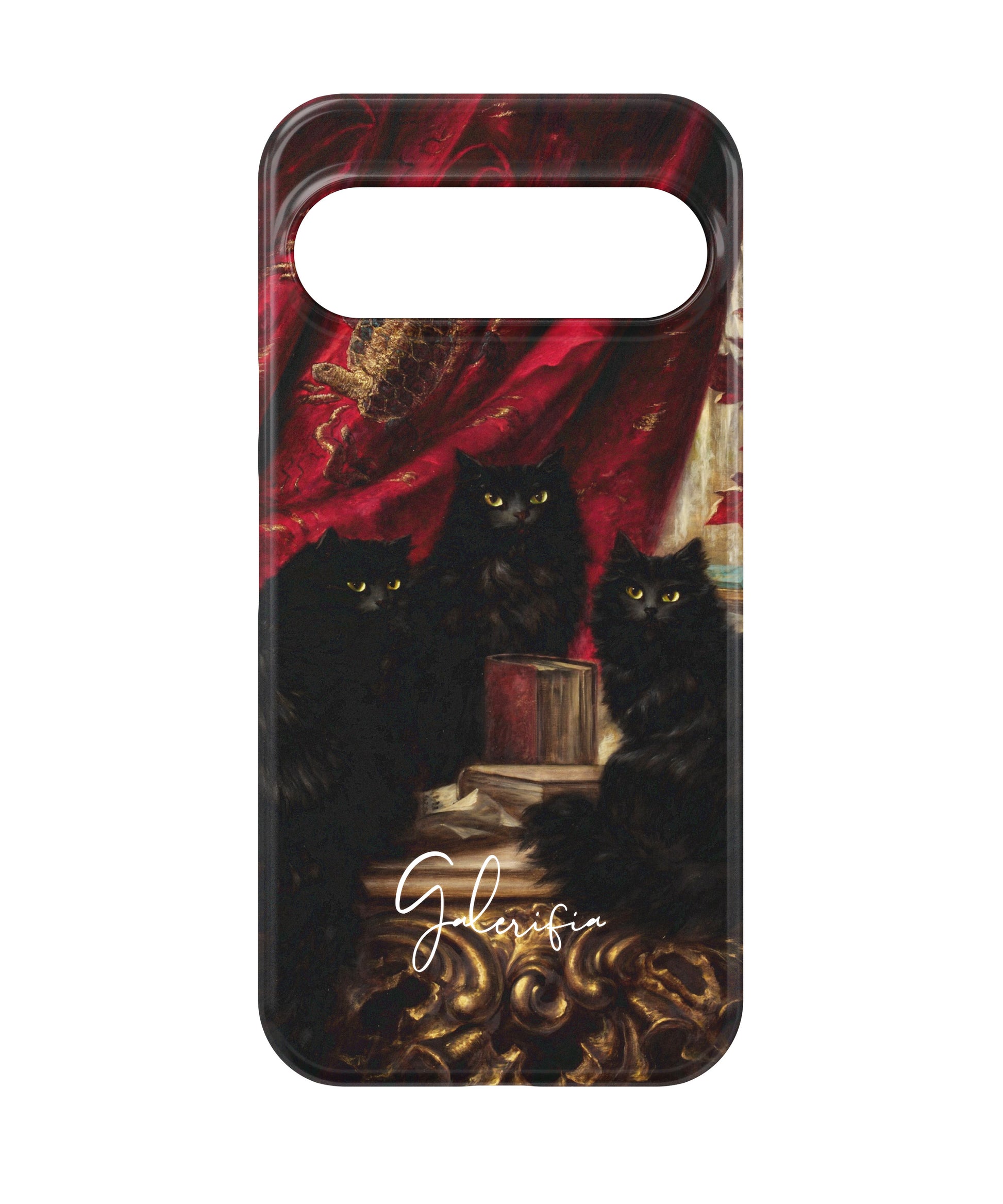 Close-up camera cutout view of Three Black Cats by Carl Kahler Google Pixel phone case