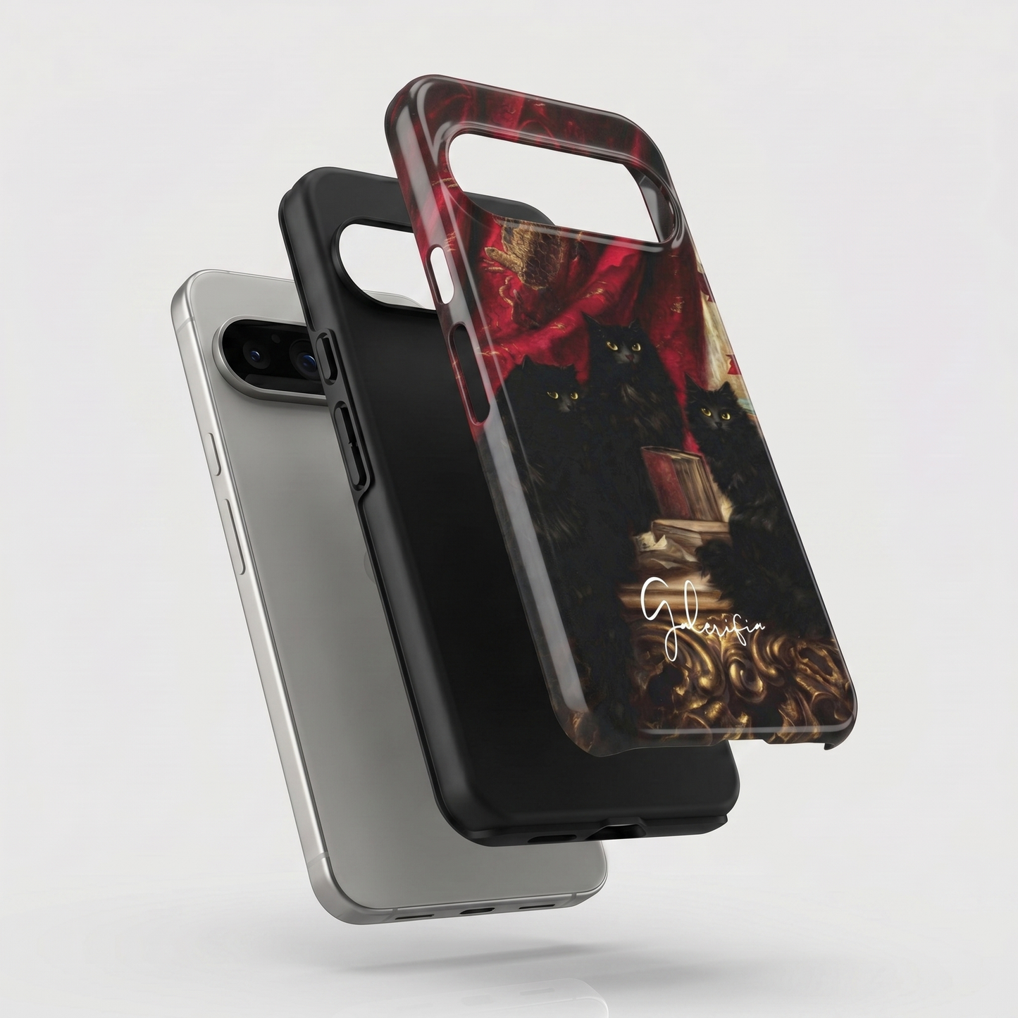 Exploded view of tough Google Pixel case featuring Three Black Cats by Carl Kahler artwork