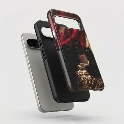 Exploded view of tough Google Pixel case featuring Three Black Cats by Carl Kahler artwork