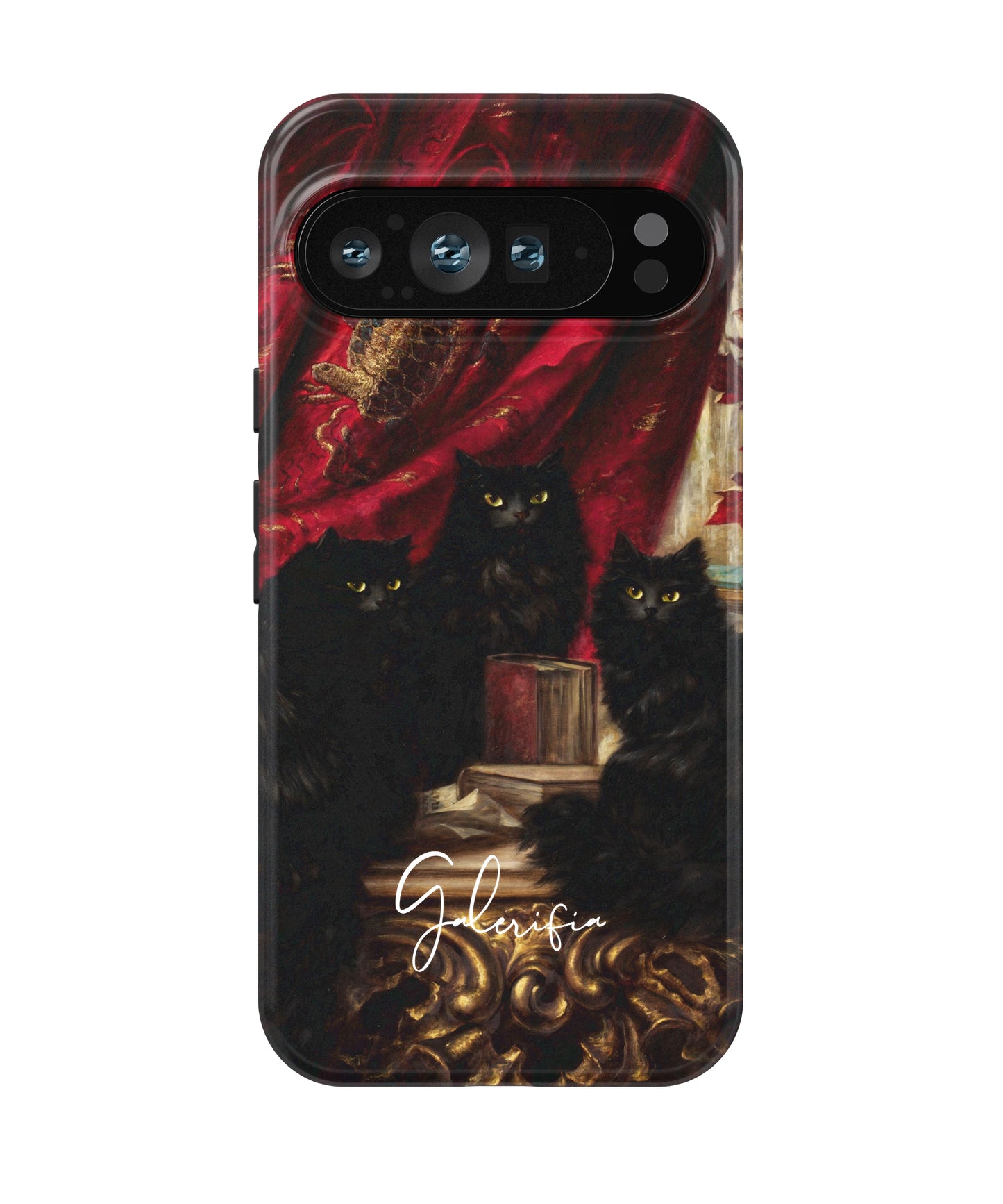 Three Black Cats by Carl Kahler printed on a tough Google Pixel phone case front view