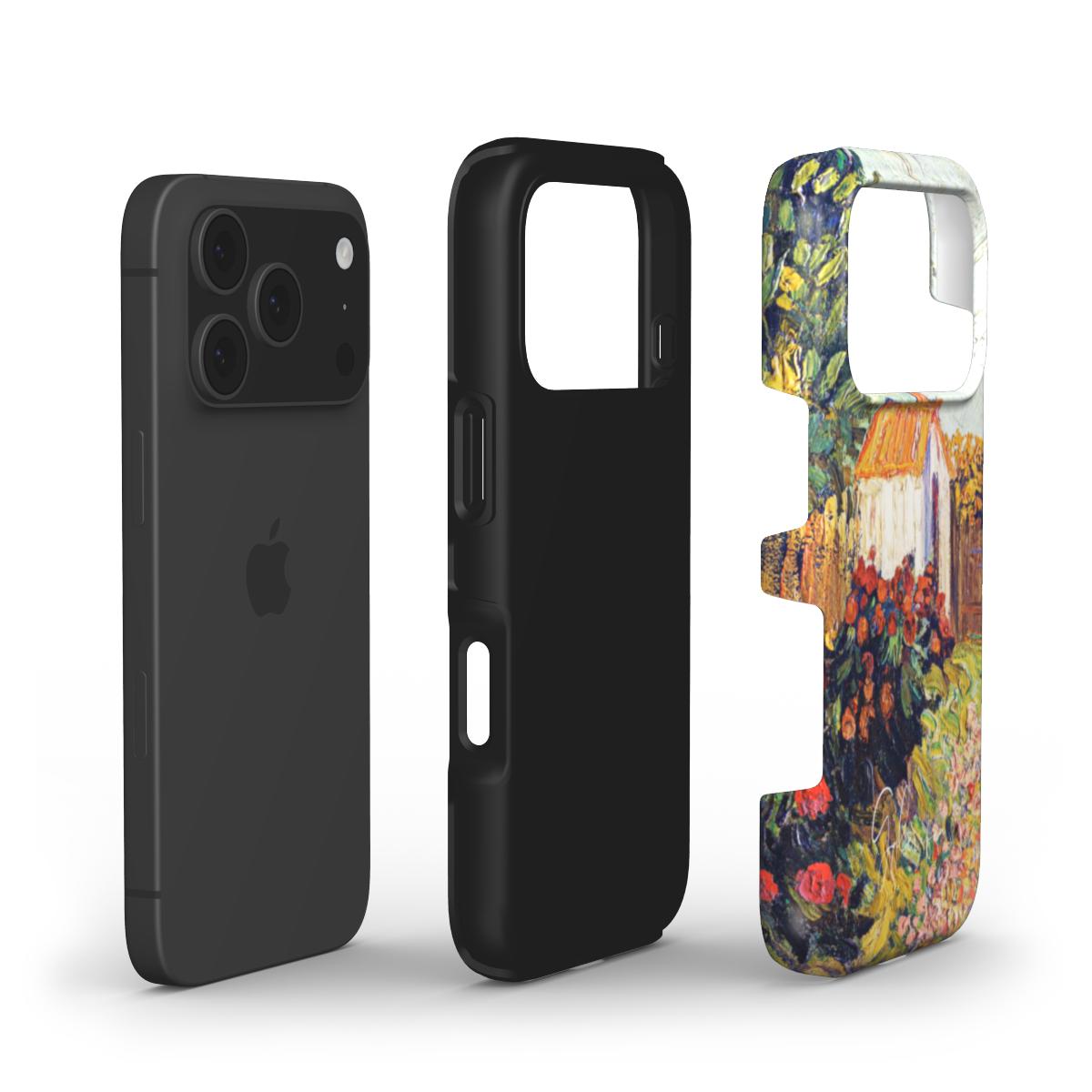 Close-up of Van Gogh landscape iPhone case showing camera cutout and protective lip
