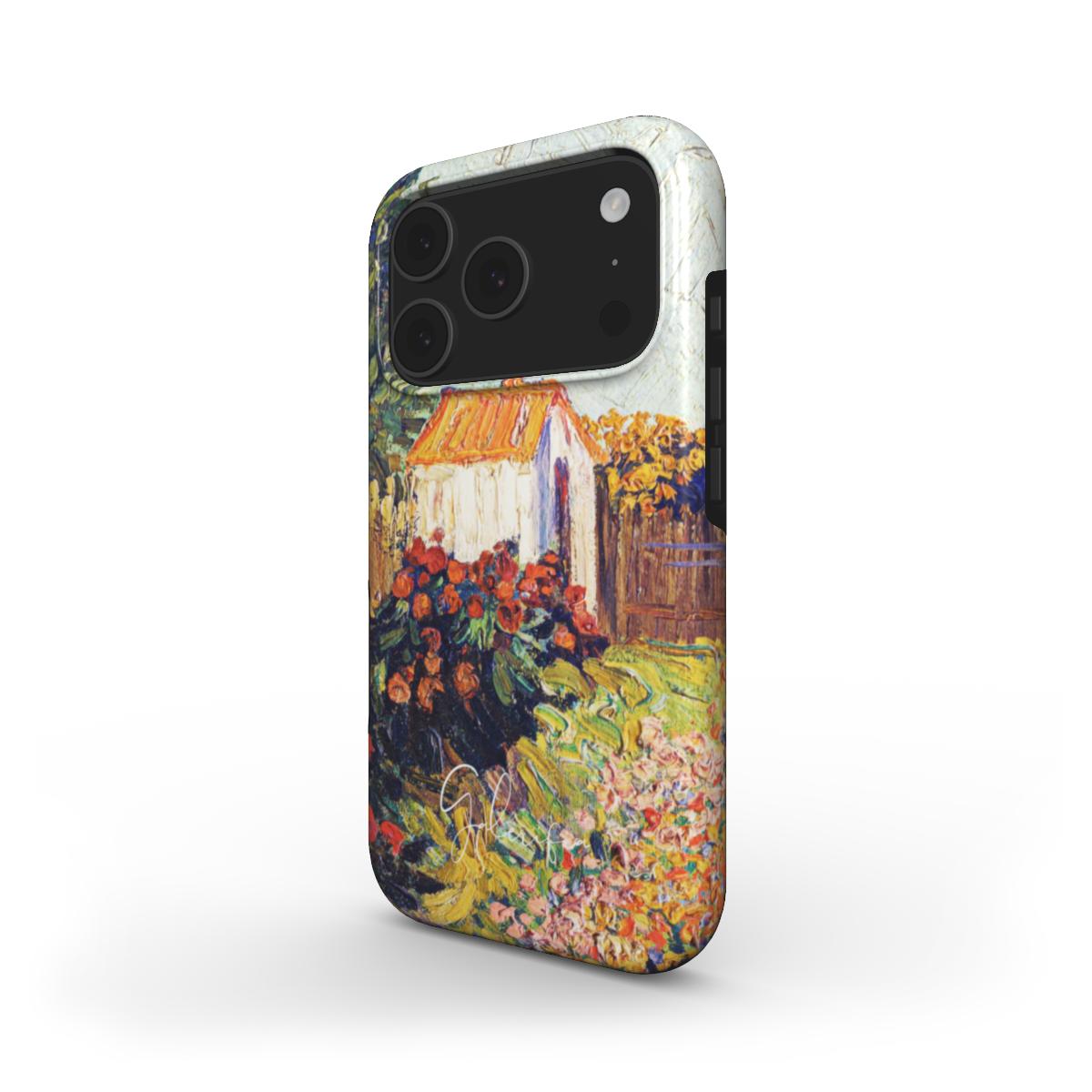 Side view of Van Gogh landscape iPhone case showing slim fit and raised edge