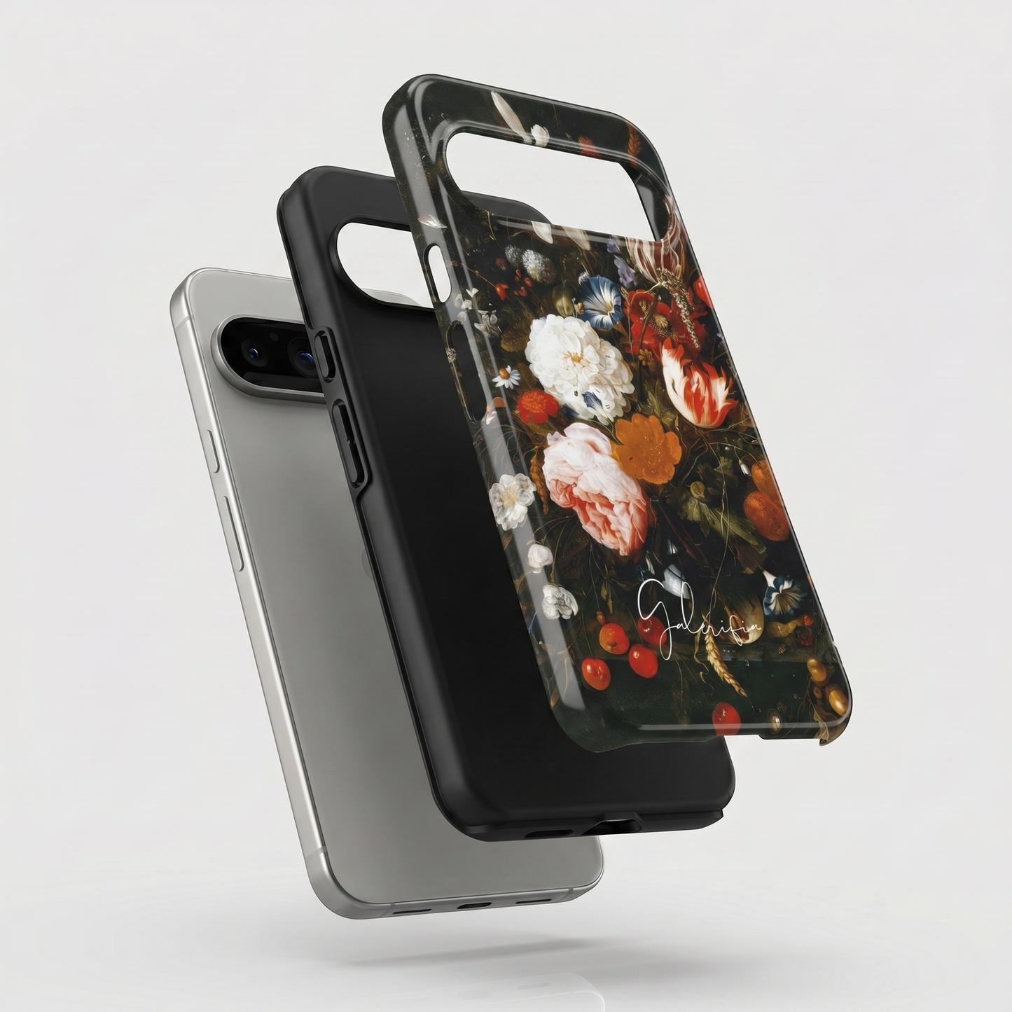 Exploded view of tough Google Pixel case featuring Vase of Flowers by Jan Davidsz. de Heem artwork