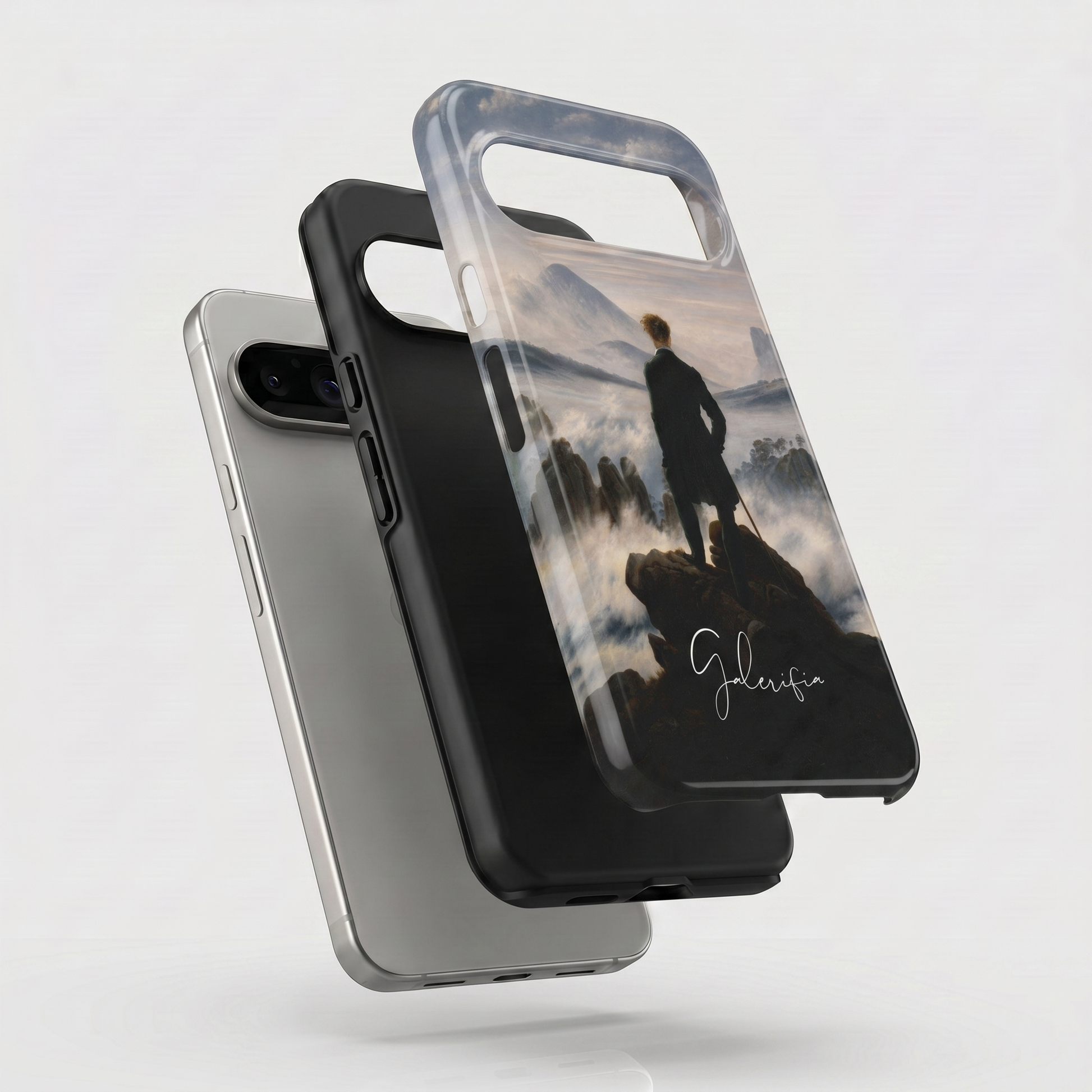 Exploded view of tough Google Pixel case featuring Wanderer above the Sea of Fog by Caspar David Friedrich artwork