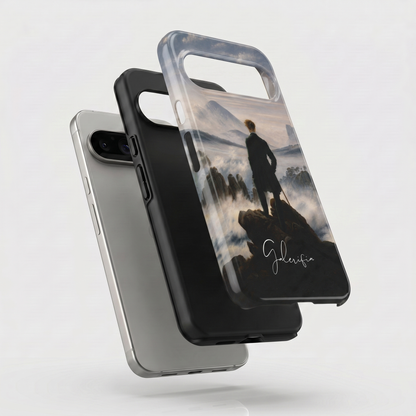 Exploded view of tough Google Pixel case featuring Wanderer above the Sea of Fog by Caspar David Friedrich artwork