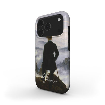 Side profile of Wanderer above the Sea of Fog Caspar David Friedrich iPhone case showing slim protective edges