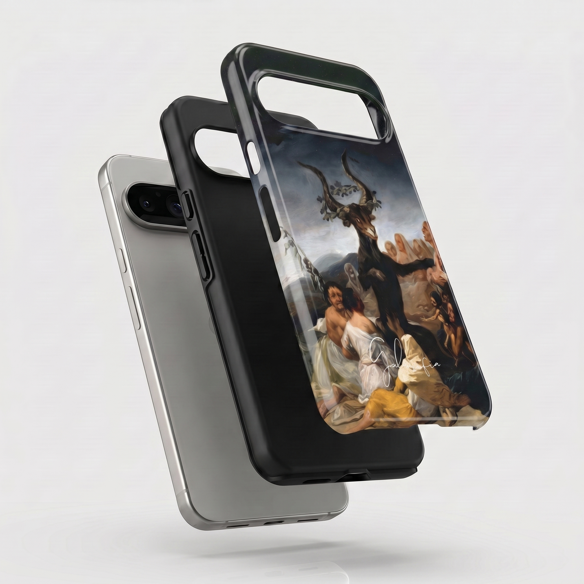 Exploded view of tough Google Pixel case featuring Witches' Sabbath by Francisco Goya artwork