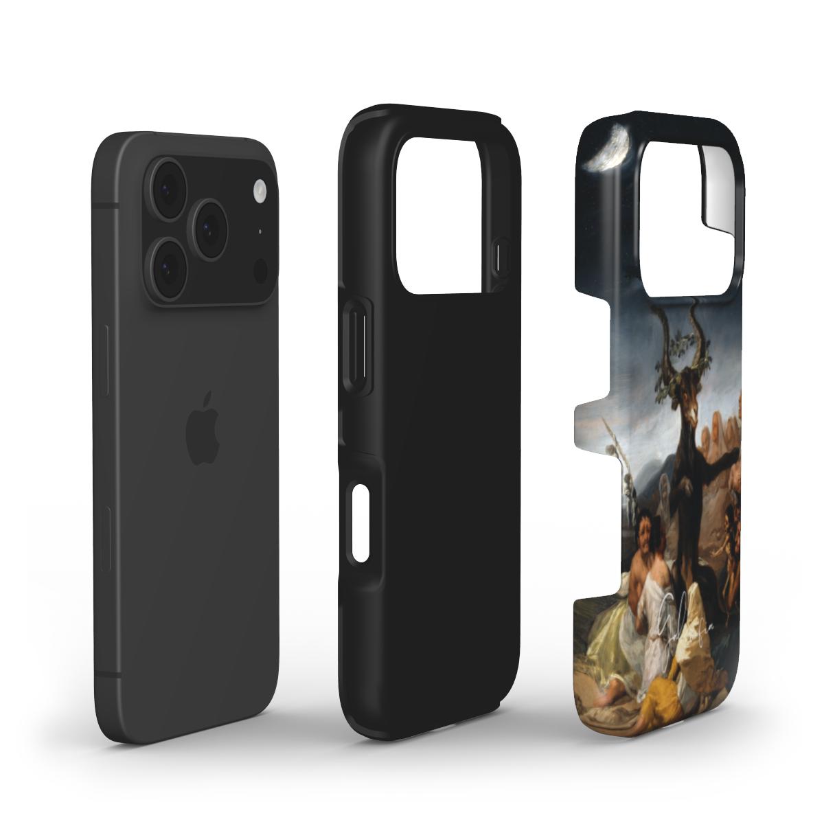 Exploded view of Galerifia tough iPhone case featuring Witches' Sabbath by Francisco Goya with dual layer protective construction.