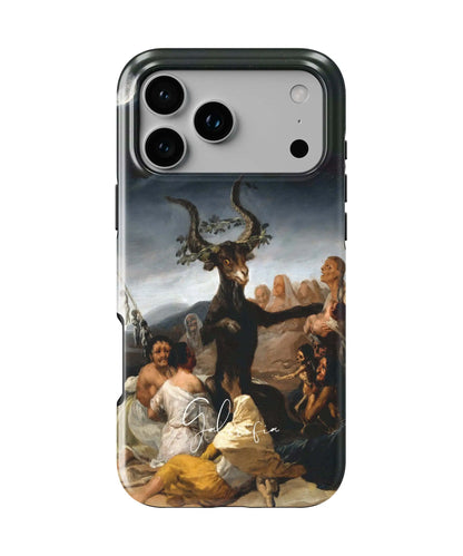 Front view of Witches' Sabbath by Francisco Goya fine art iPhone case featuring dark gothic ritual artwork by Galerifia.