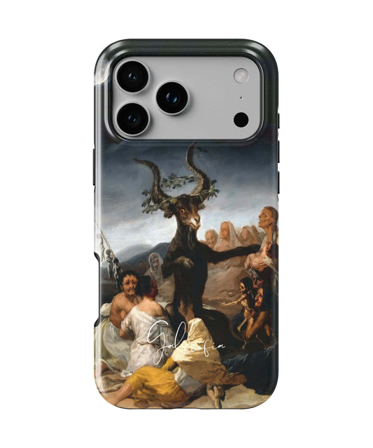 Front view of Witches' Sabbath by Francisco Goya fine art iPhone case featuring dark gothic ritual artwork by Galerifia.