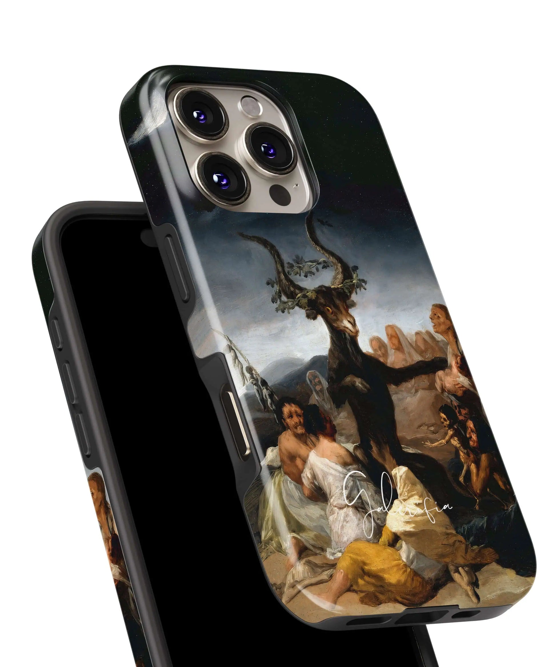 Glossy close-up of Witches' Sabbath by Francisco Goya art iPhone case showing dramatic shadows and eerie ritual details by Galerifia.