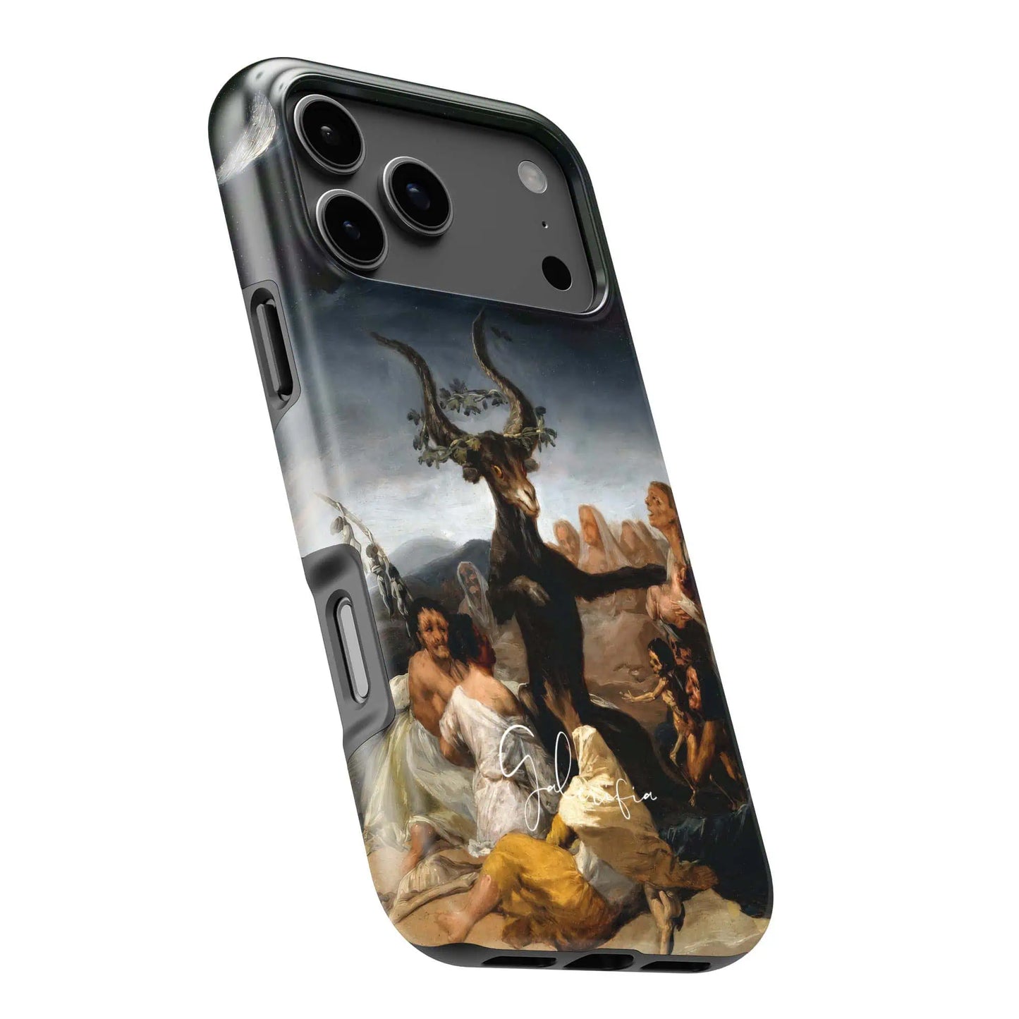 Side angle product render of Witches' Sabbath by Francisco Goya printed on a premium tough iPhone case by Galerifia.